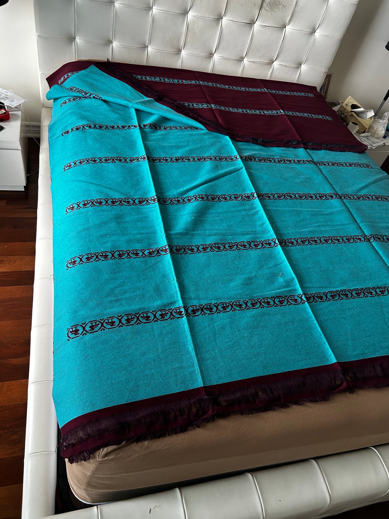 Handwoven Egyptian Cotton bed cover Turquoise/dark red