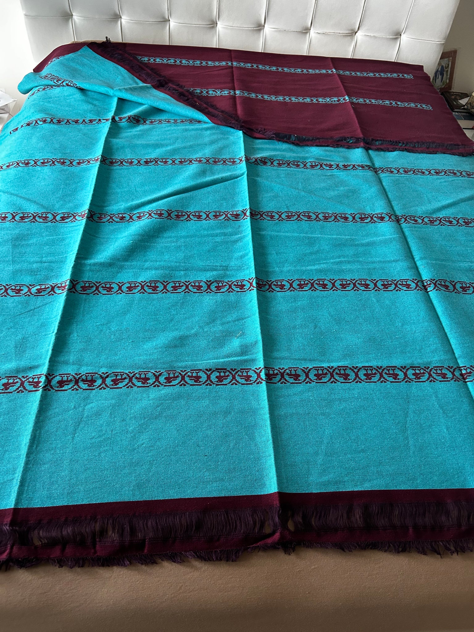 Handwoven Egyptian Cotton bed cover Turquoise/dark red
