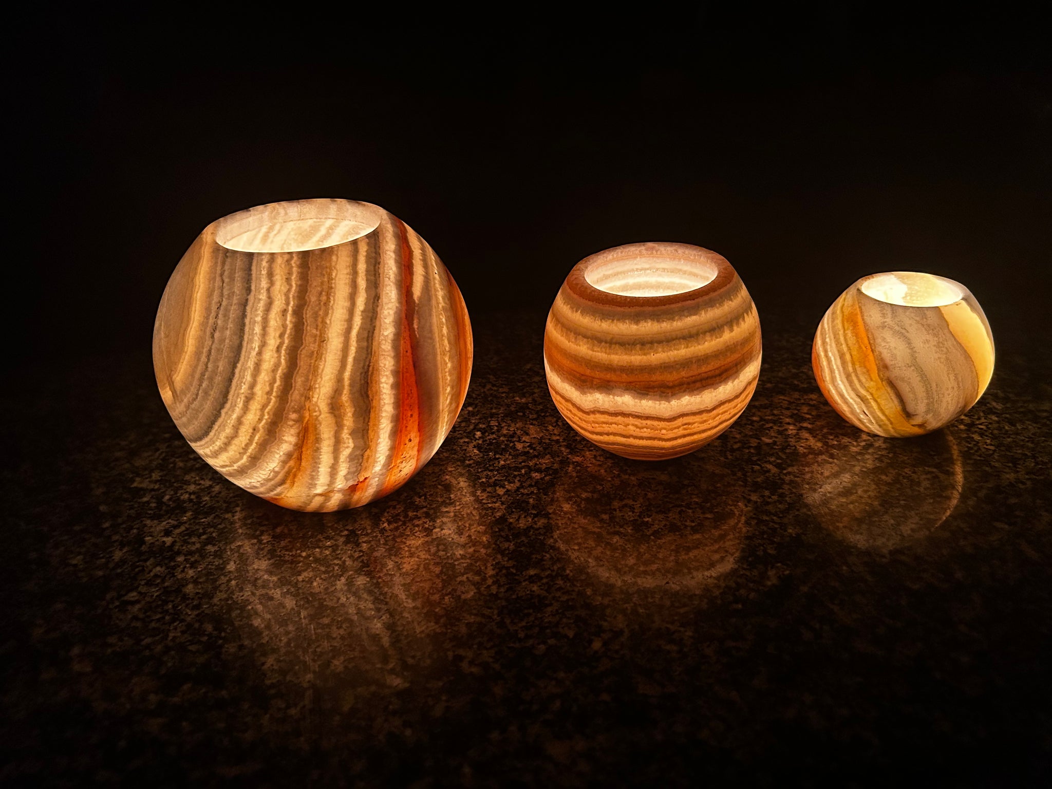 Stunning Natural Alabaster Handmade Healing Candle Holders Set of 3 , 8,10,15 cm