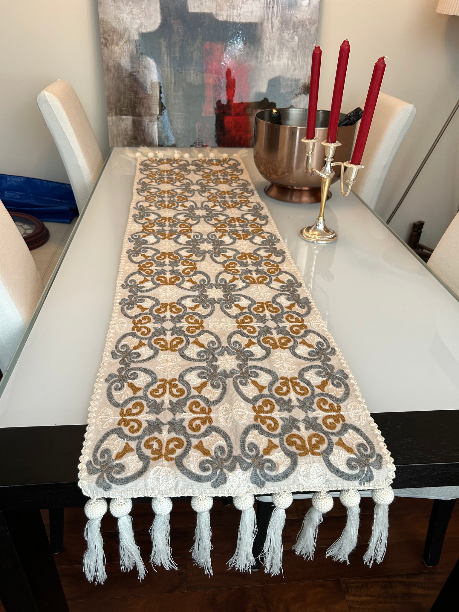 Handmade Table runner with embroidery on Egyptian Cotton
