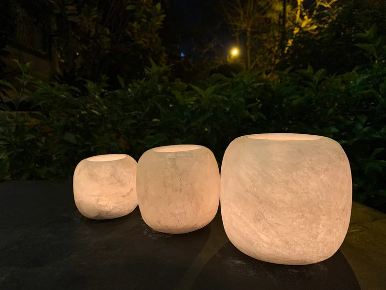Rare White Natural Alabaster Marmar stone 100% Handmade with Healing effect. Ball shape. Healing Alabaster Candle Holder