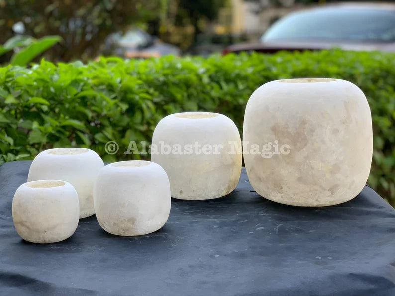 Rare White Natural Alabaster Marmar stone 100% Handmade with Healing effect. Ball shape. Healing Alabaster Candle Holder